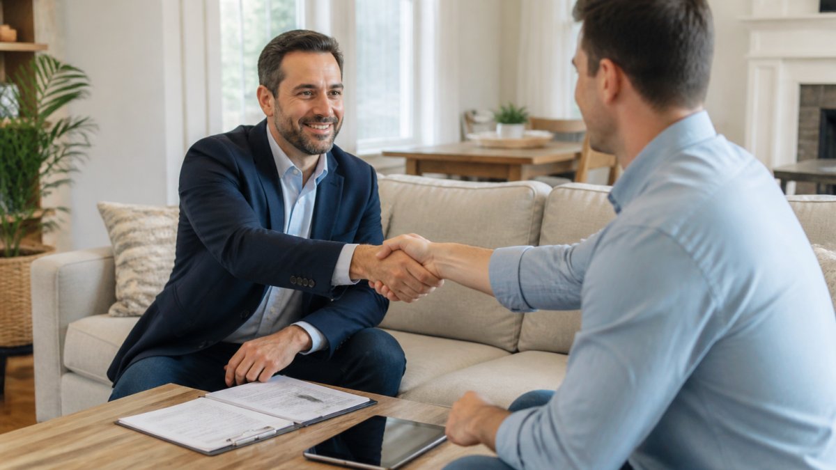 Professional real estate investor and homeowner shaking hands in a residential living room with paperwork and a tablet on a wooden table between them, natural daylight from windows