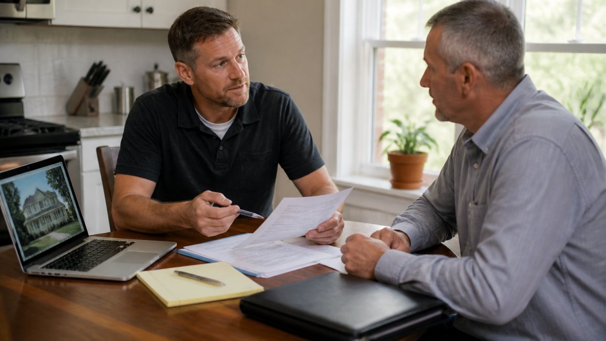 A homeowner and a local real estate investor sitting at a kitchen table reviewing paperwork together, with a laptop open showing a property listing, warm natural light coming through the window