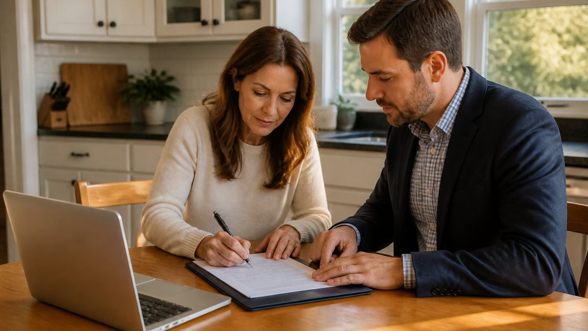 Homeowner reviewing and signing closing documents for a cash home sale at a kitchen table