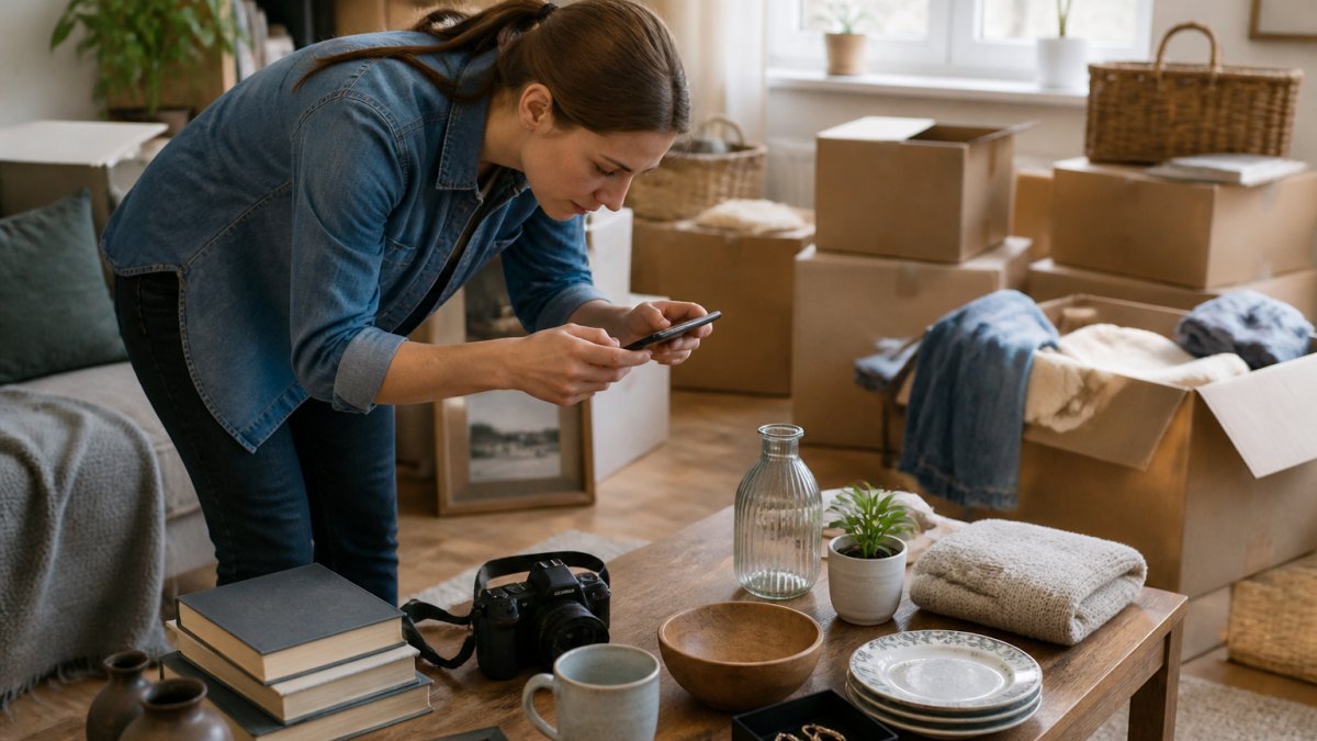 Person carefully examining household items on a table with natural daylight, photographing them for listing, surrounded by boxes of goods to sell