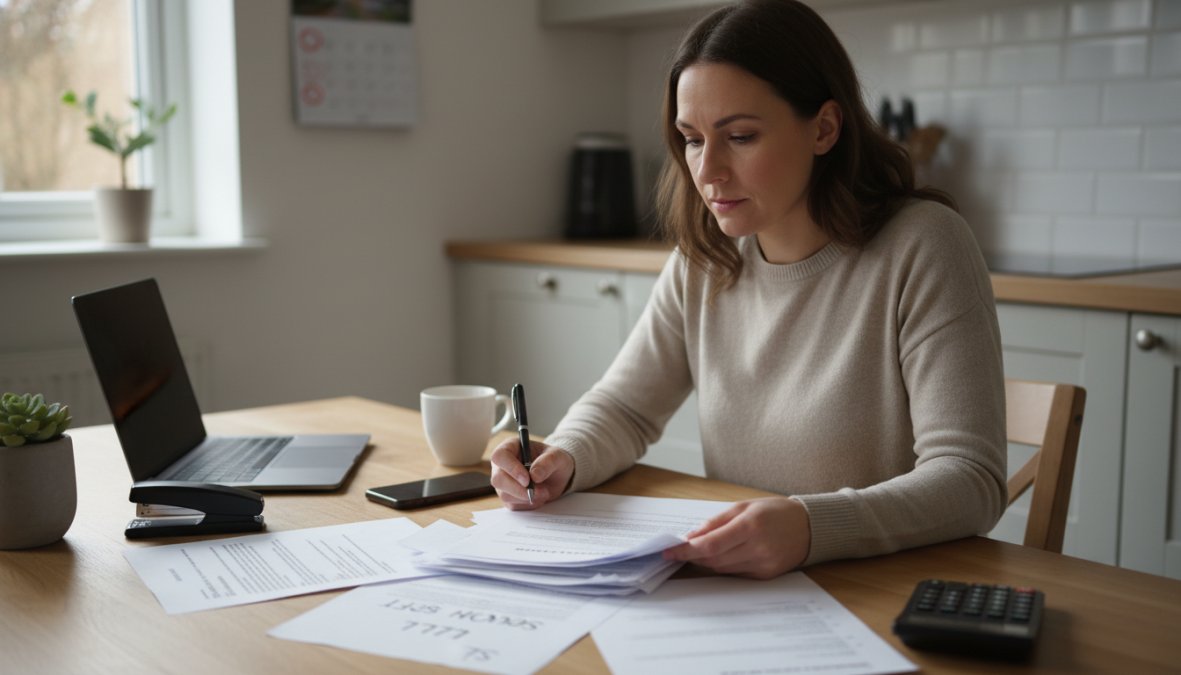 A homeowner sitting at a kitchen table reviewing mortgage paperwork with a calm, focused expression, pen in hand and a phone nearby on a wooden table in warm natural light, suggesting deliberate action on an important financial decision