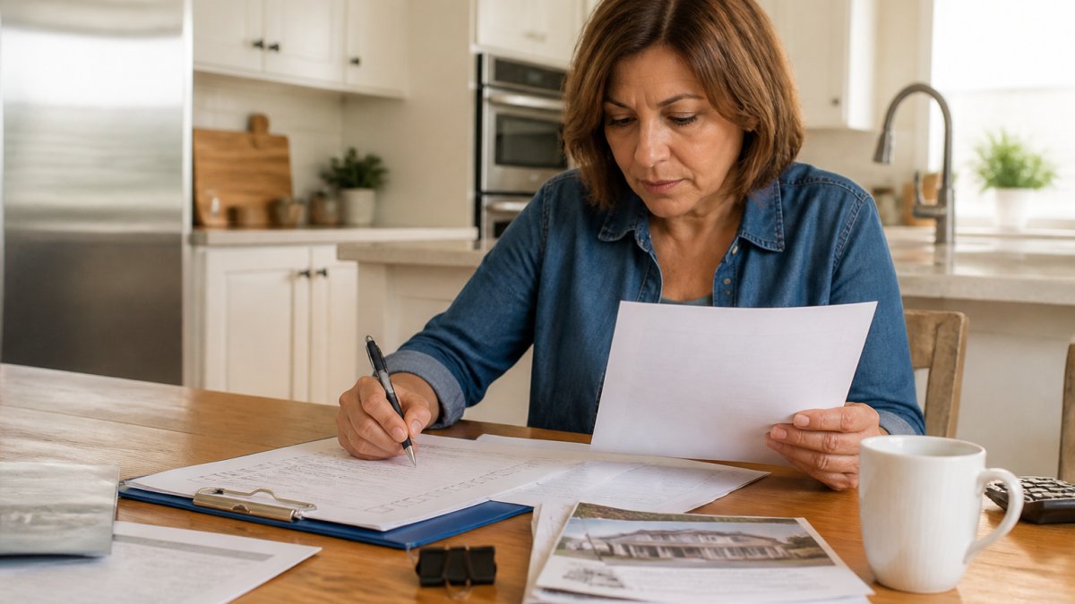 Homeowner reviewing documents and checklist at a kitchen table with a pen and coffee, preparing to sell their house