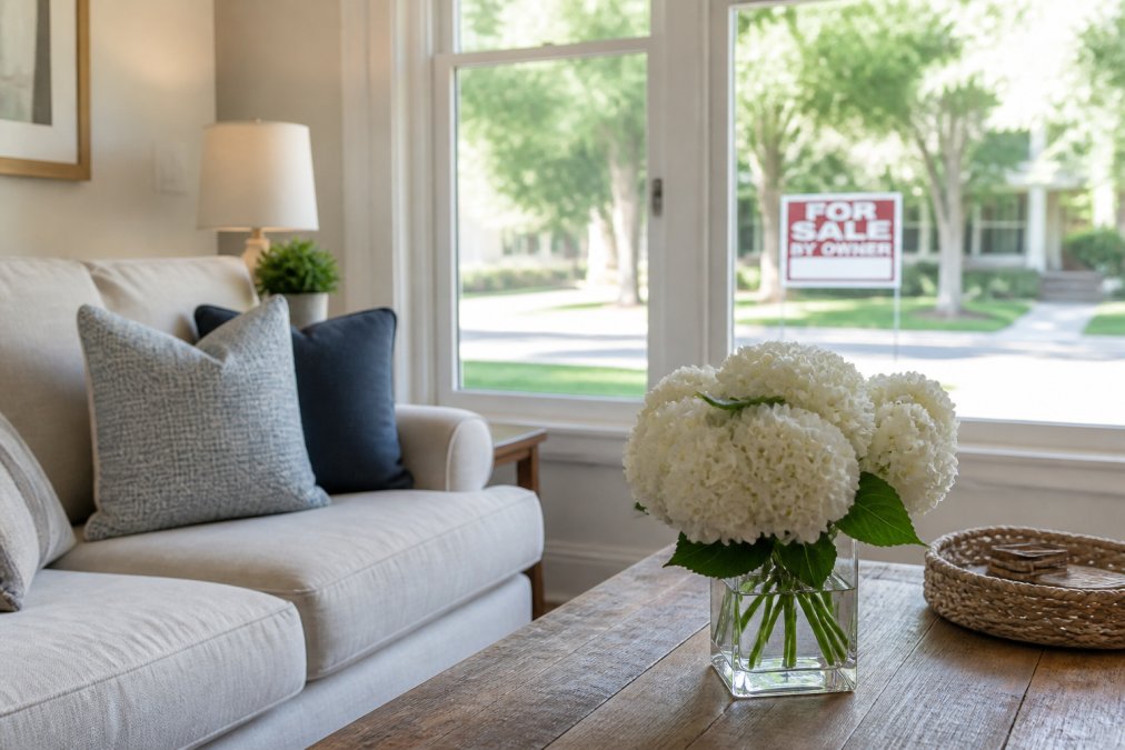 A well-staged living room with abundant natural light, fresh white flowers on a wooden coffee table, and a 'For Sale By Owner' sign visible through the front window in the soft background