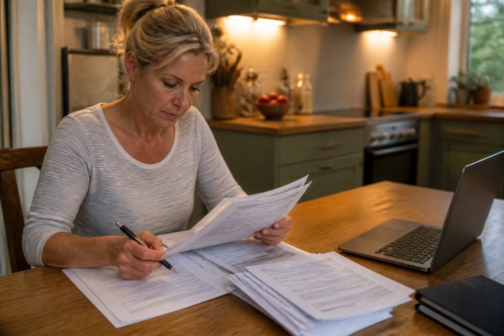 A homeowner seated at a kitchen table reviewing a stack of real estate documents with a pen in hand, a laptop open nearby showing a real estate listing website, warm overhead lighting