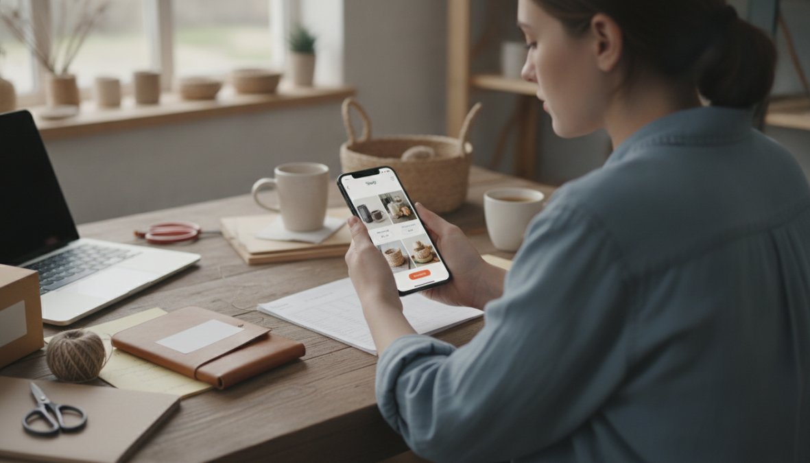 A small business owner sitting at a wooden desk reviewing their smartphone, which displays an Instagram shopping interface with product listings and a checkout screen, warm natural light from a nearby window