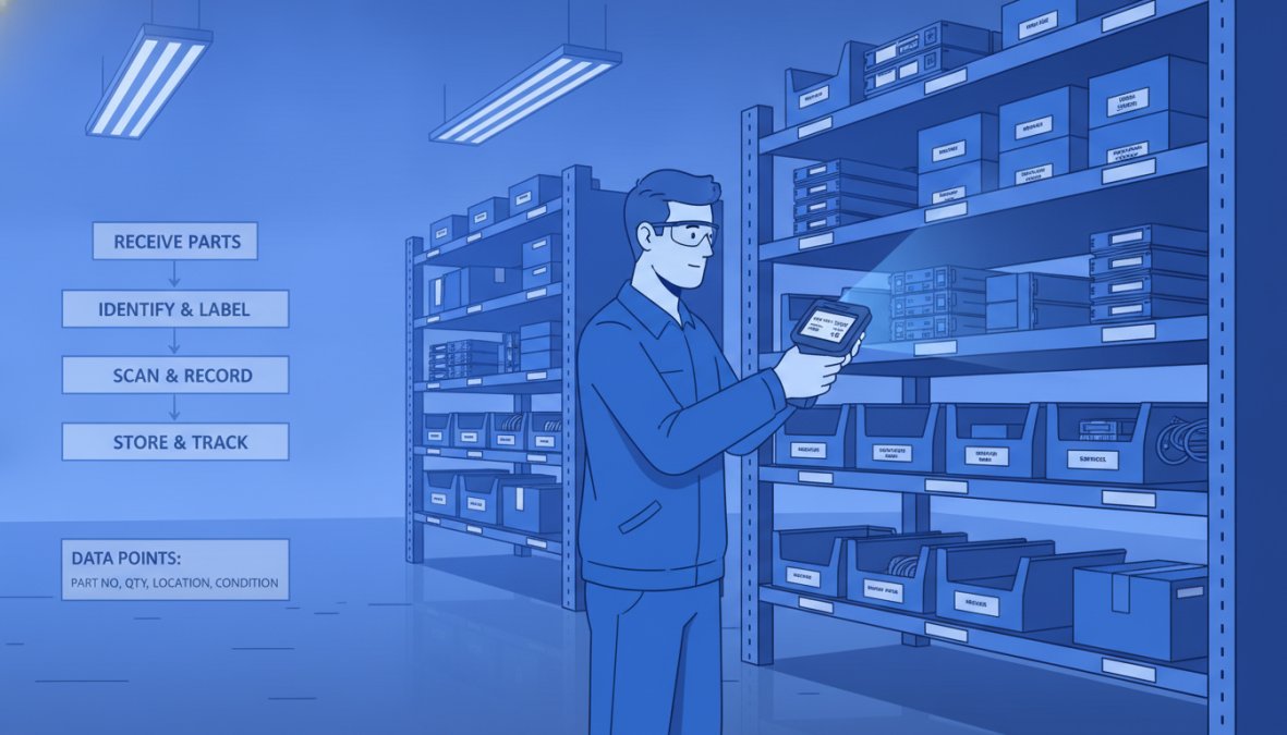 Technician scanning surplus automation parts in an industrial warehouse