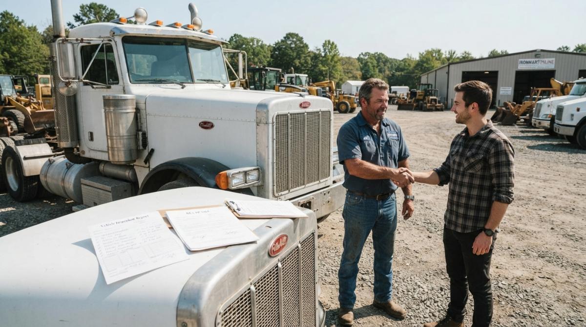 Seller and buyer shaking hands beside a used truck in a well-lit outdoor setting, with inspection paperwork visible on the truck's hood