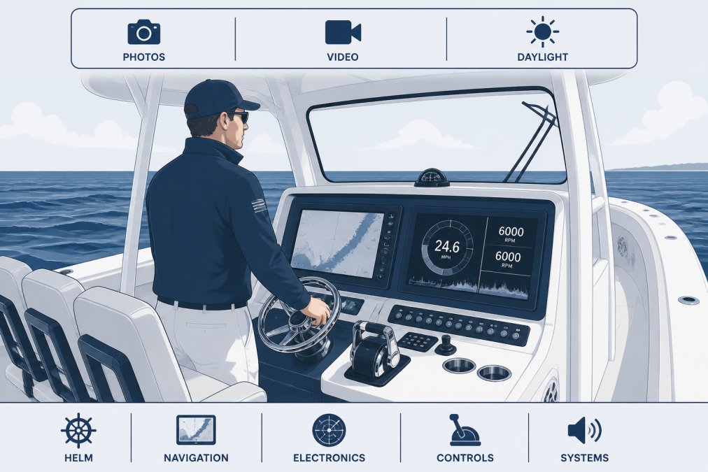 Professional captain standing at the helm of a center console yacht with hands on the wheel, ocean horizon in background, natural daylight illuminating the helm station and electronics