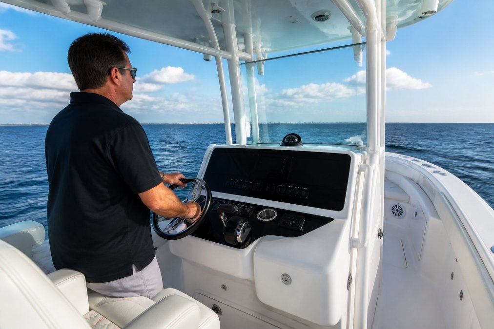 Experienced boater performing sea trial, standing at helm with hands on wheel, ocean visible in background, testing vessel handling and responsiveness