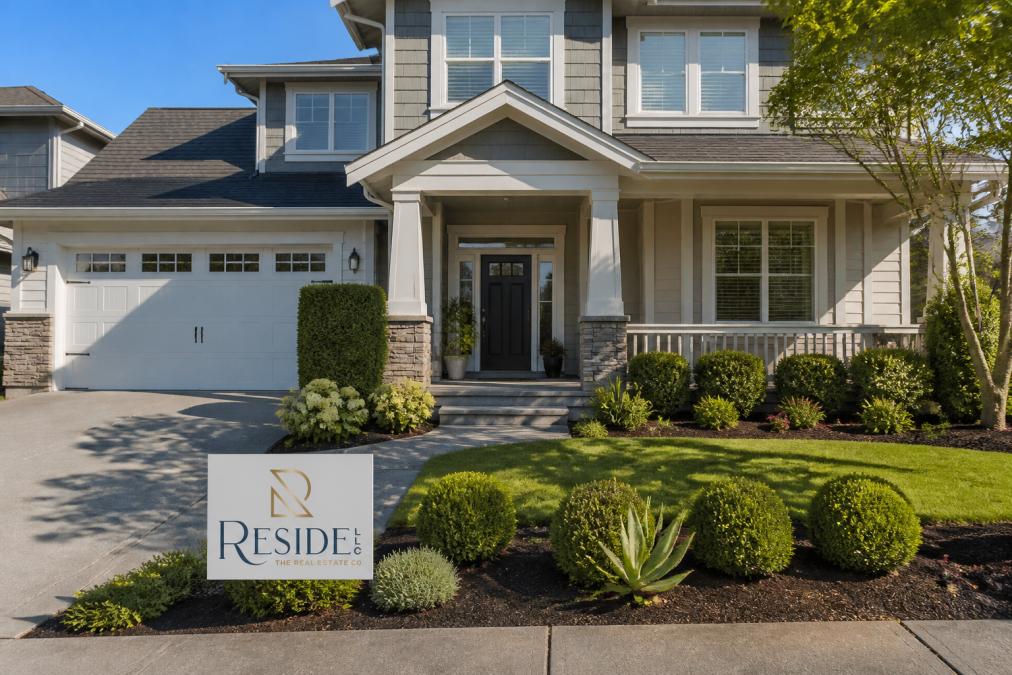 Bright, well-maintained home exterior with manicured landscaping, fresh paint on front door, clean driveway, and natural sunlight highlighting curb appeal