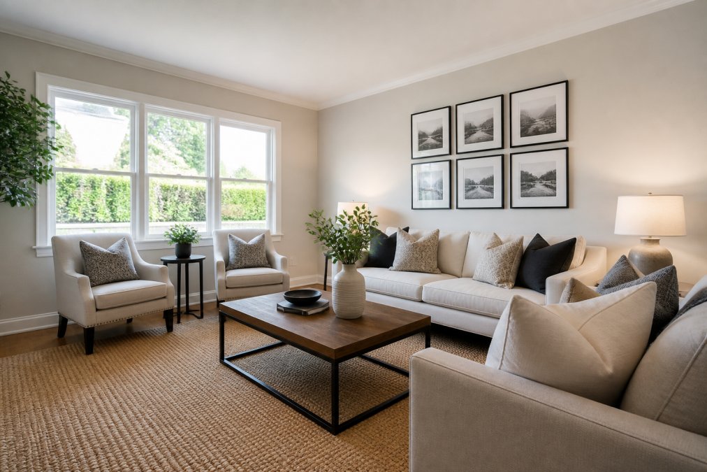 Modern living room with neutral-toned furniture, bright natural light from large windows, minimalist decor, and tastefully arranged artwork on walls