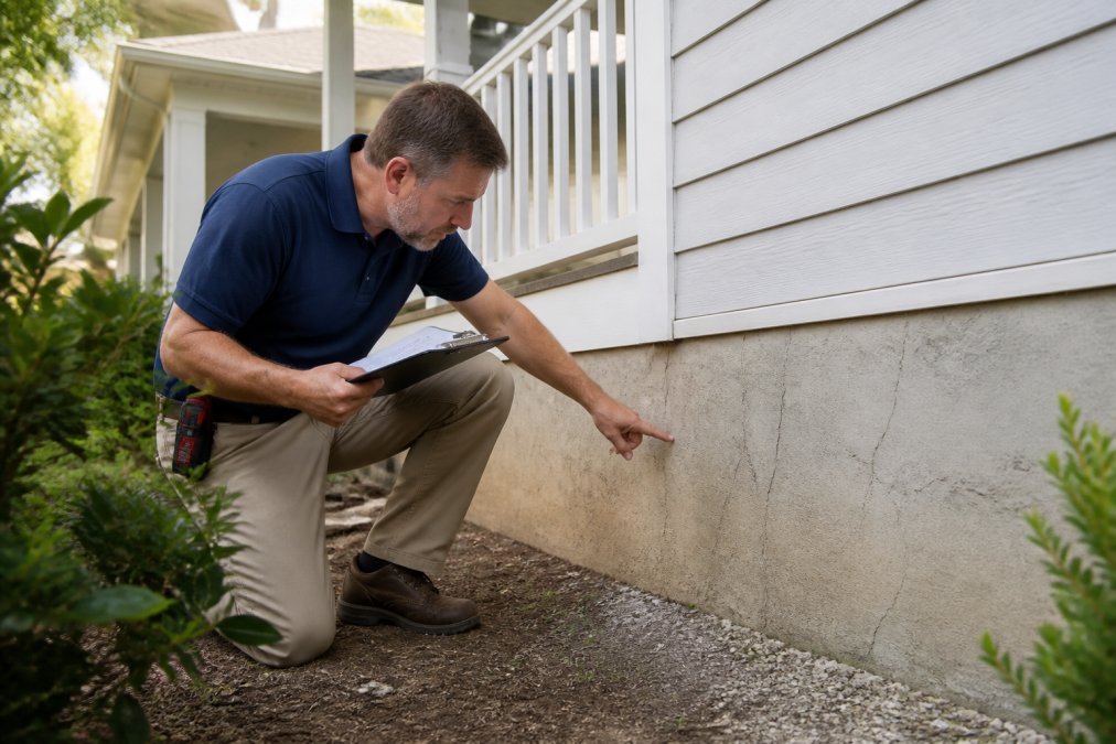 Professional home inspector examining exterior foundation and structural elements with inspection tools, clipboard in hand, natural daylight