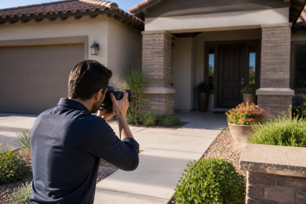 Real estate agent photographing a home's exterior and front entrance for online listing, capturing curb appeal with natural daylight and professional staging visible