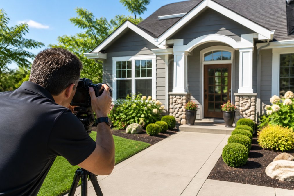 Professional property manager photographing home's exterior and front entrance for online listing, with staged landscaping and clean entry visible in natural daylight