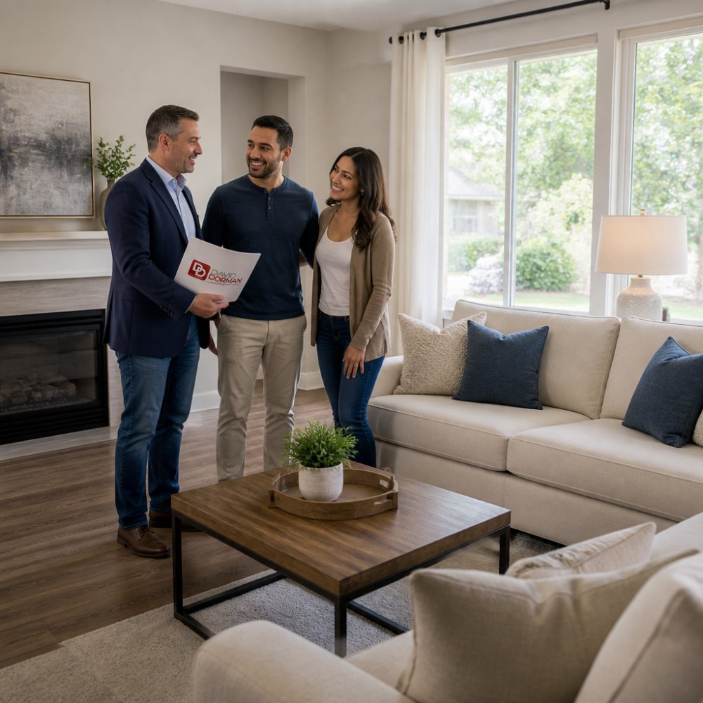 Bright, freshly staged living room with neutral furniture, clean hardwood floors, and natural light streaming through large windows, creating an open and inviting atmosphere