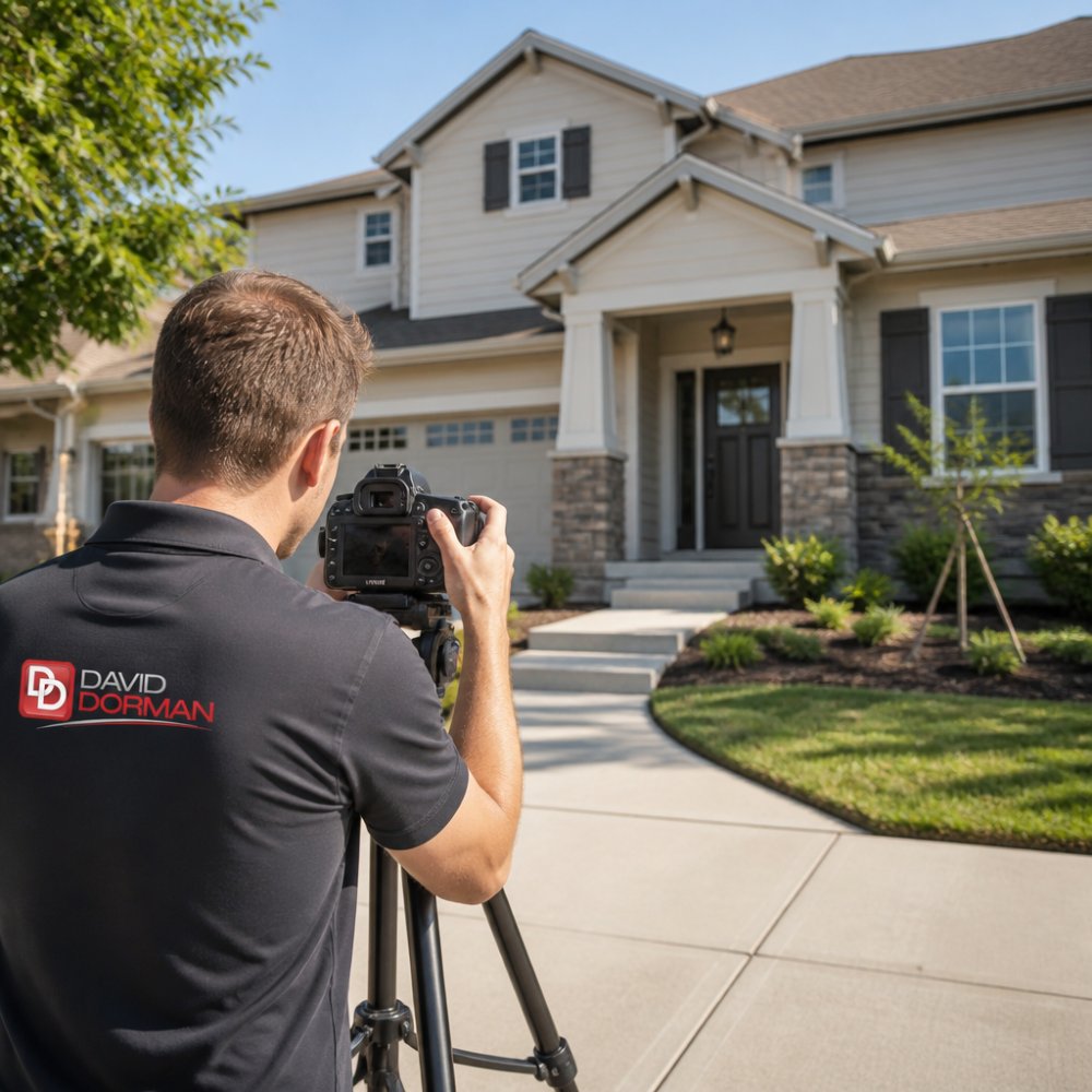 Real estate agent photographing a home's exterior with professional camera equipment on a sunny day, capturing the property's best features with natural lighting