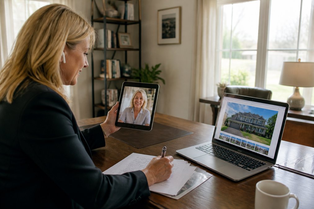 Real estate agent reviewing property listing details on laptop while conducting video call with out-of-state homeowner on tablet, modern office with natural lighting