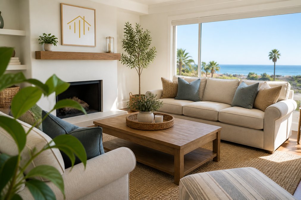 A bright, staged living room in a Ventura home with neutral furniture, natural light, and a view of the ocean through a window