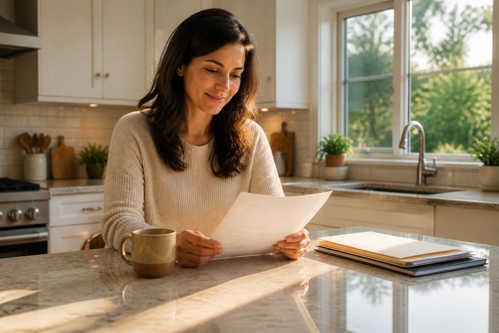 A relaxed homeowner reviewing sale documents on a tablet at their kitchen counter, morning sunlight streaming through the window, a coffee mug resting nearby, conveying calm control over the process