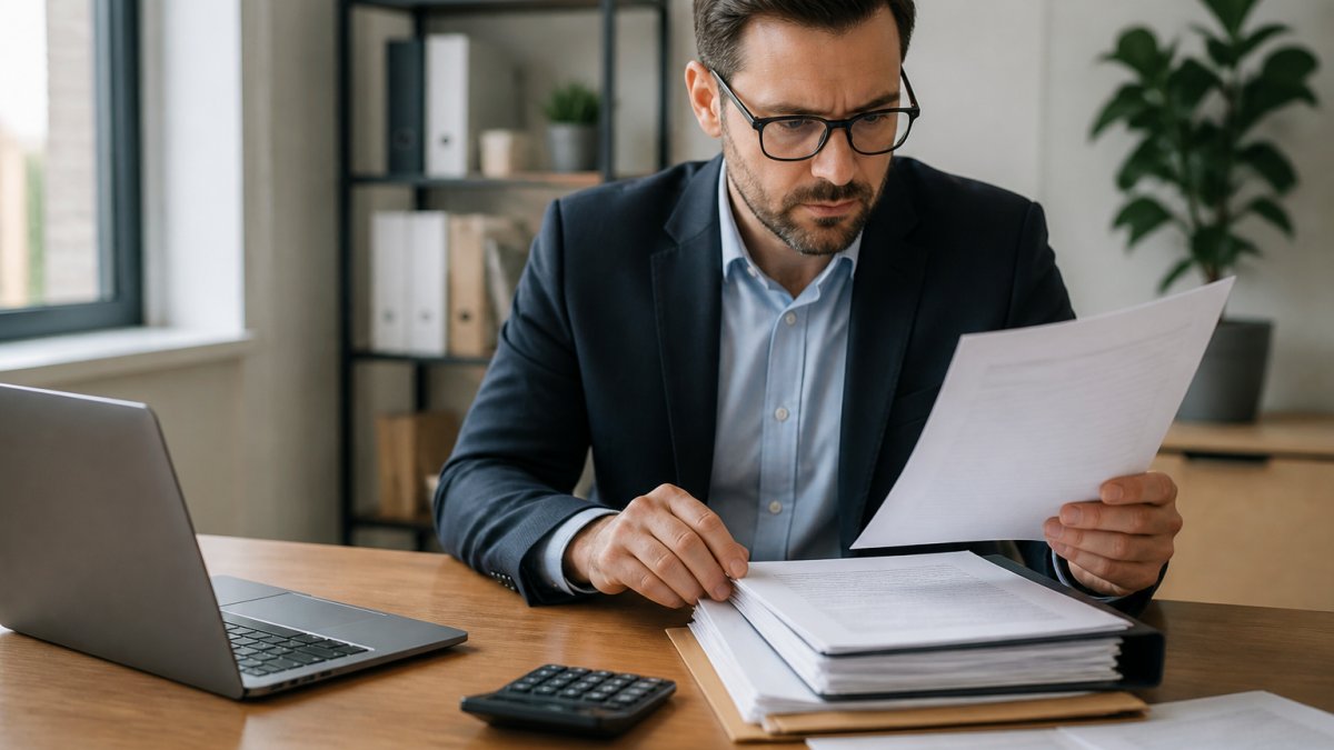 Professional reviewing property documents and financial records at desk with laptop, calculator, and folder of papers in modern office setting
