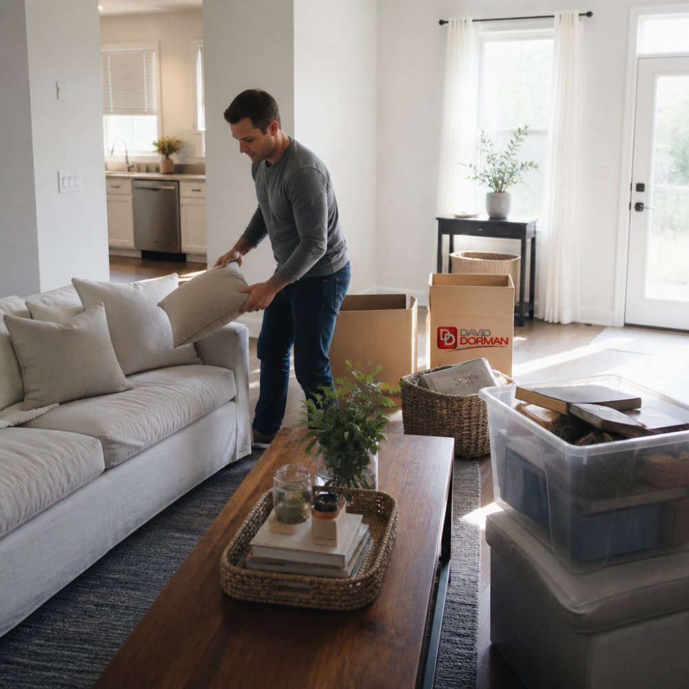 Homeowner standing in a bright, well-lit living room with fresh white walls, decluttered furniture, and natural light streaming through clean windows with soft curtains