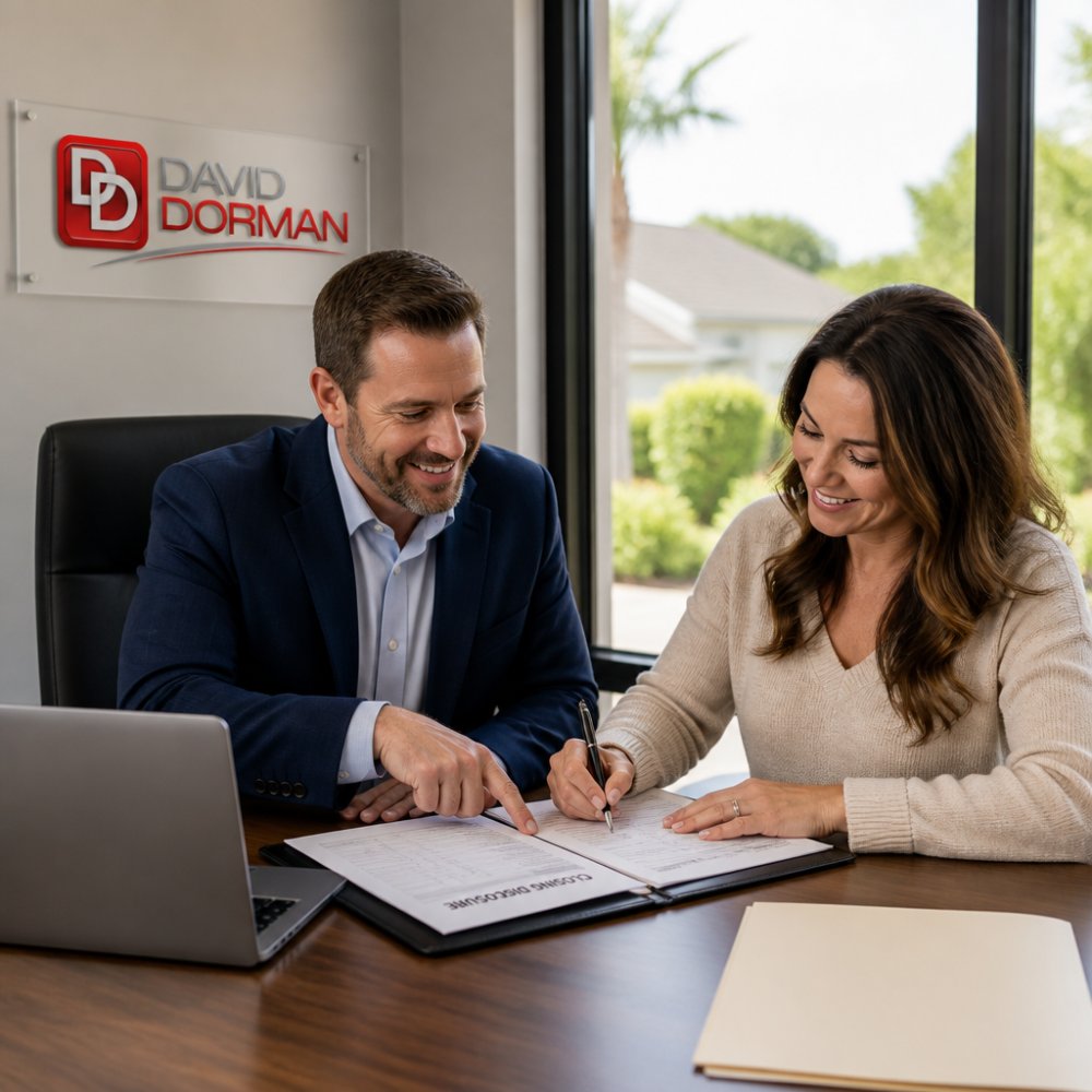 Real estate professional and homeowner reviewing closing documents and signing paperwork at a desk with a laptop and closing disclosure forms visible, natural office lighting