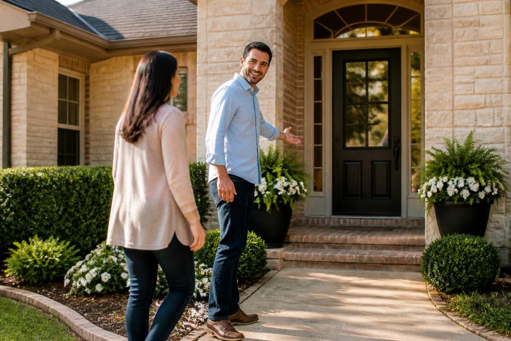 Homeowner walking through a well-staged front entrance with freshly painted door, clean landscaping, trimmed hedges, and welcoming potted plants in natural afternoon light