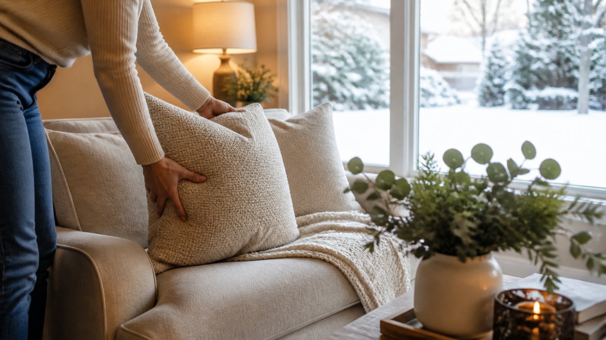 A warmly lit living room in a suburban home during winter, with soft interior lighting, neutral staging, and snow visible through a large window, creating a welcoming and move-in ready atmosphere for potential buyers