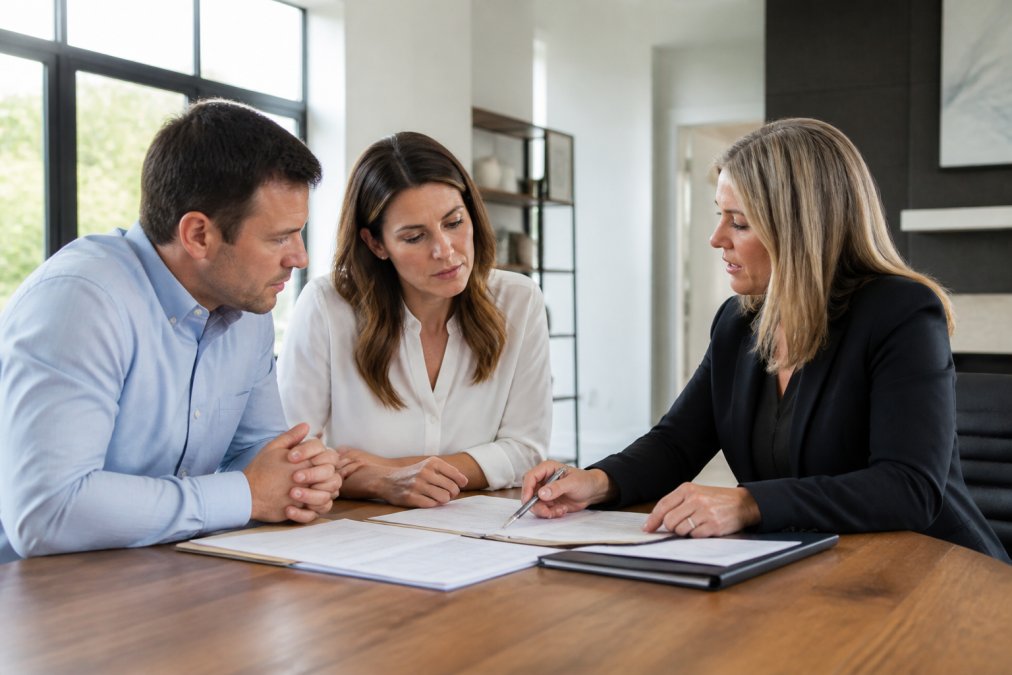 A couple meeting with a real estate professional or neutral mediator in a modern office setting, reviewing property documents and discussing home sale options together at a conference table with natural lighting