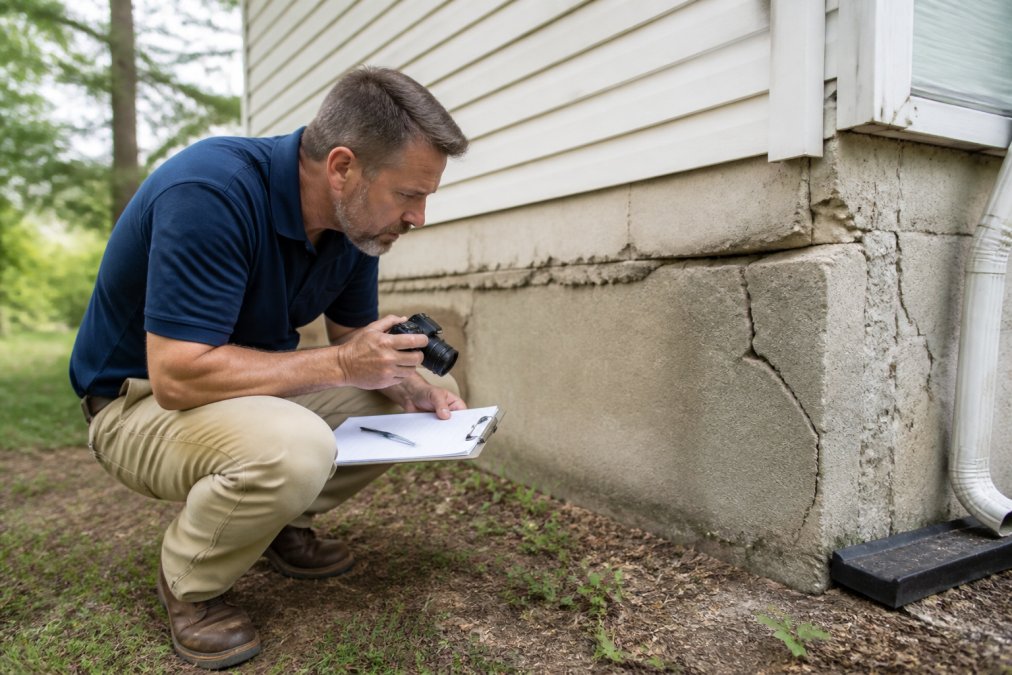 A professional home appraiser carefully examining the exterior foundation and structural condition of a residential property in Wichita, documenting details with clipboard and camera in natural daylight
