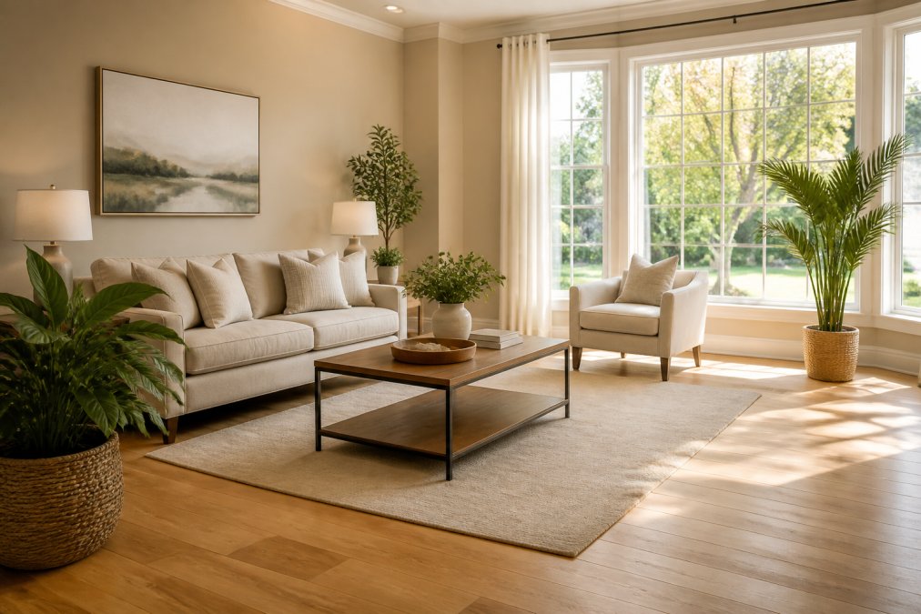 A bright, decluttered living room with neutral beige furniture, a few green plants, and natural light streaming through spotless windows onto a light hardwood floor