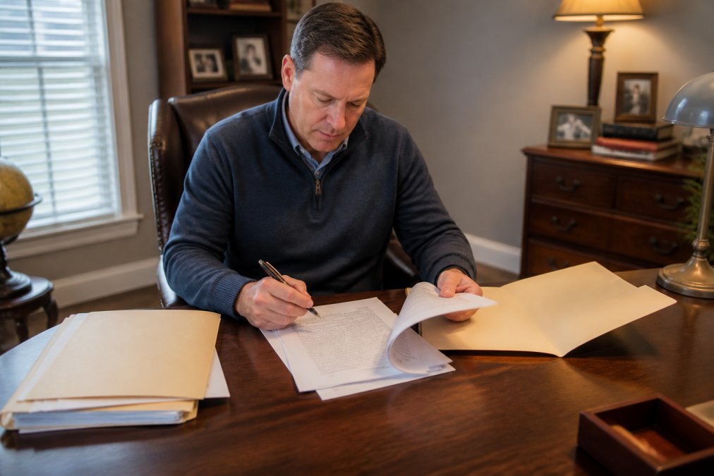 A person sitting at a desk reviewing legal documents and court filing papers, with a pen in hand and a manila folder open nearby, in a quiet home office setting with warm lamp light