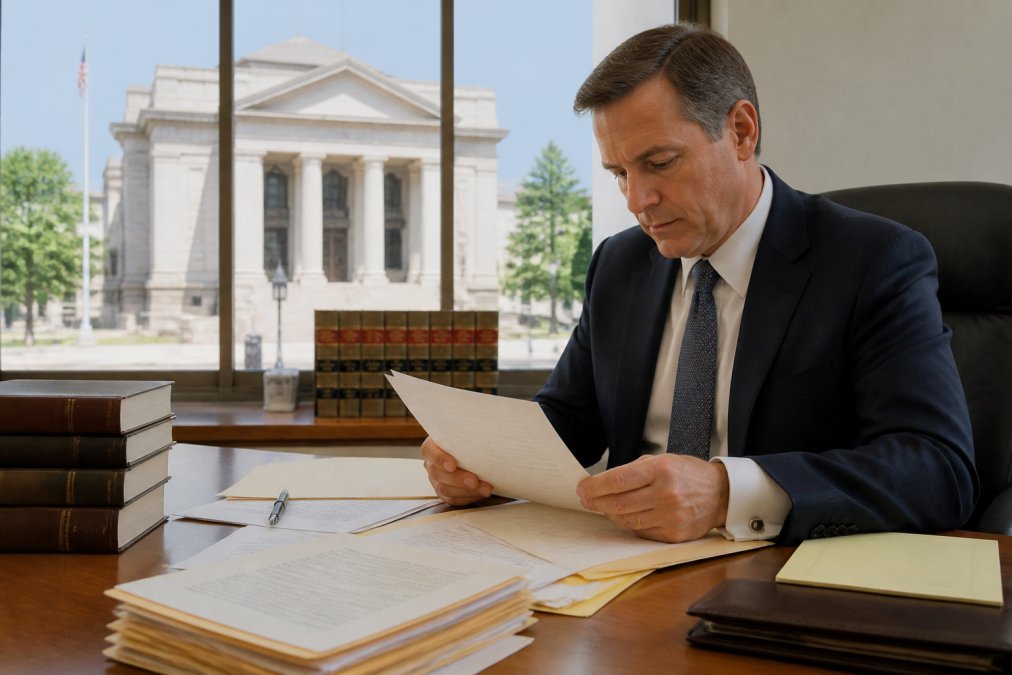 Professional in business attire reviewing legal documents and letters of administration at a desk, with a probate courthouse building visible through the office window in natural daylight