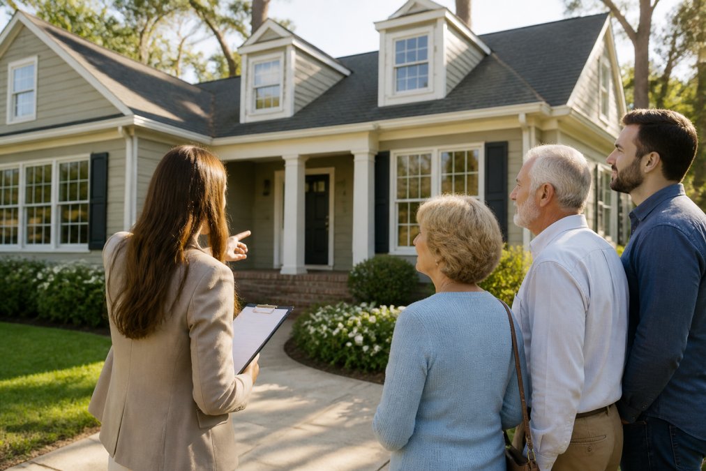 Real estate professional and family members standing in front of a residential home during a property inspection, with morning sunlight illuminating the facade and trees in the background
