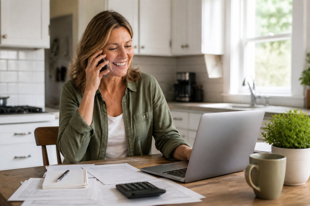 A homeowner sitting at a kitchen table with a laptop and paperwork, looking relieved while talking on the phone in a sunlit room