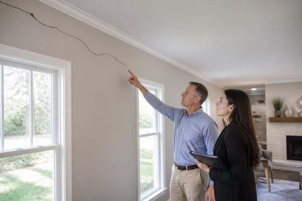 Real estate agent and homeowner pointing at a wall crack caused by foundation issues in a bright living room