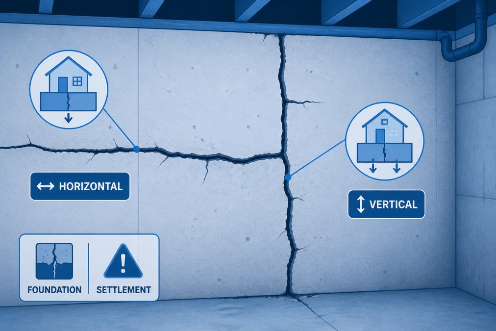 Close-up of visible horizontal and vertical cracks running across a concrete basement wall, showing signs of foundation settlement and structural stress