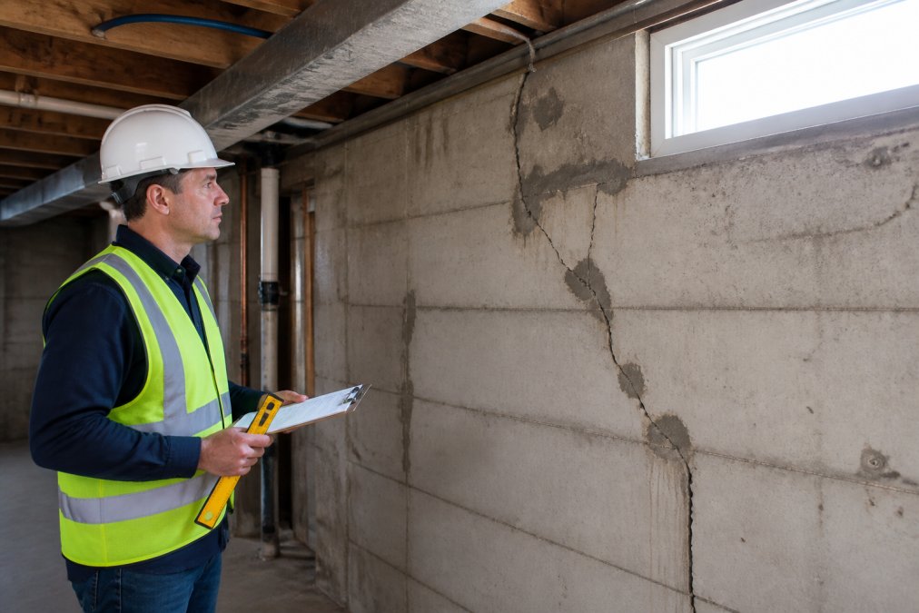 A structural engineer in a hard hat and safety vest holding a clipboard and measuring tools, inspecting visible foundation cracks and damage in a basement with natural light from a small window