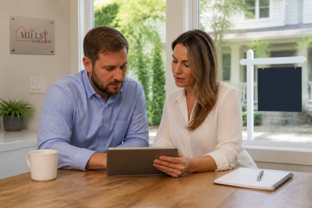 A real estate agent and a homeowner reviewing housing market data on a tablet at a kitchen table, with a For Sale sign visible through the window behind them