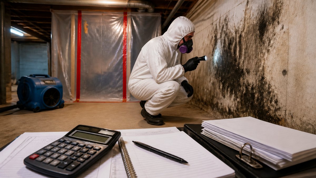 A mold remediation technician in white protective suit and respirator inspecting a dark, water-stained basement wall with visible black mold growth, containment plastic sheeting and an air scrubber visible in the background