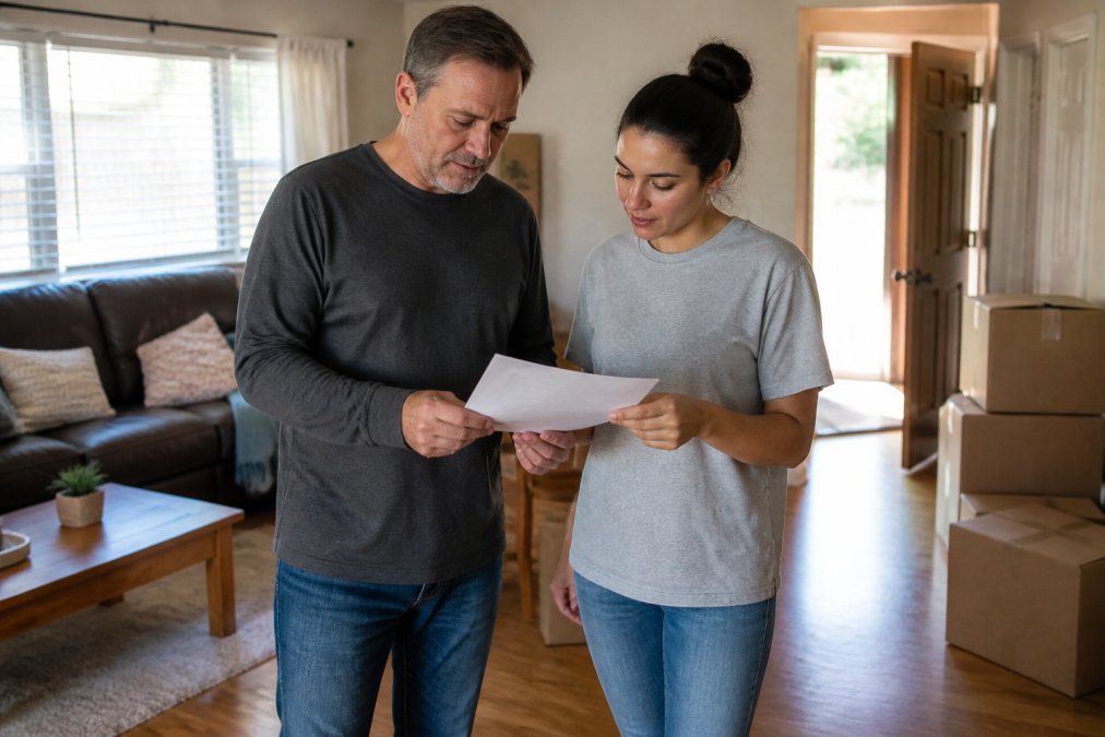 A homeowner and a tenant standing in a tidy living room, reviewing a printed lease agreement together, with moving boxes visible near the doorway