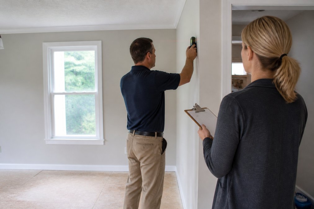 A home inspector using a laser measuring device to measure a room addition while the homeowner watches with a clipboard in hand, natural daylight through a window