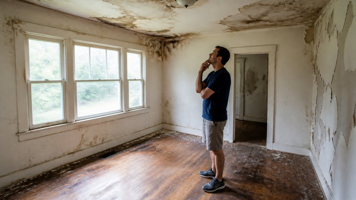 Homeowner standing in a room with visible water stains on the ceiling, peeling paint on walls, and worn hardwood flooring, examining the damage with a thoughtful expression in natural daylight