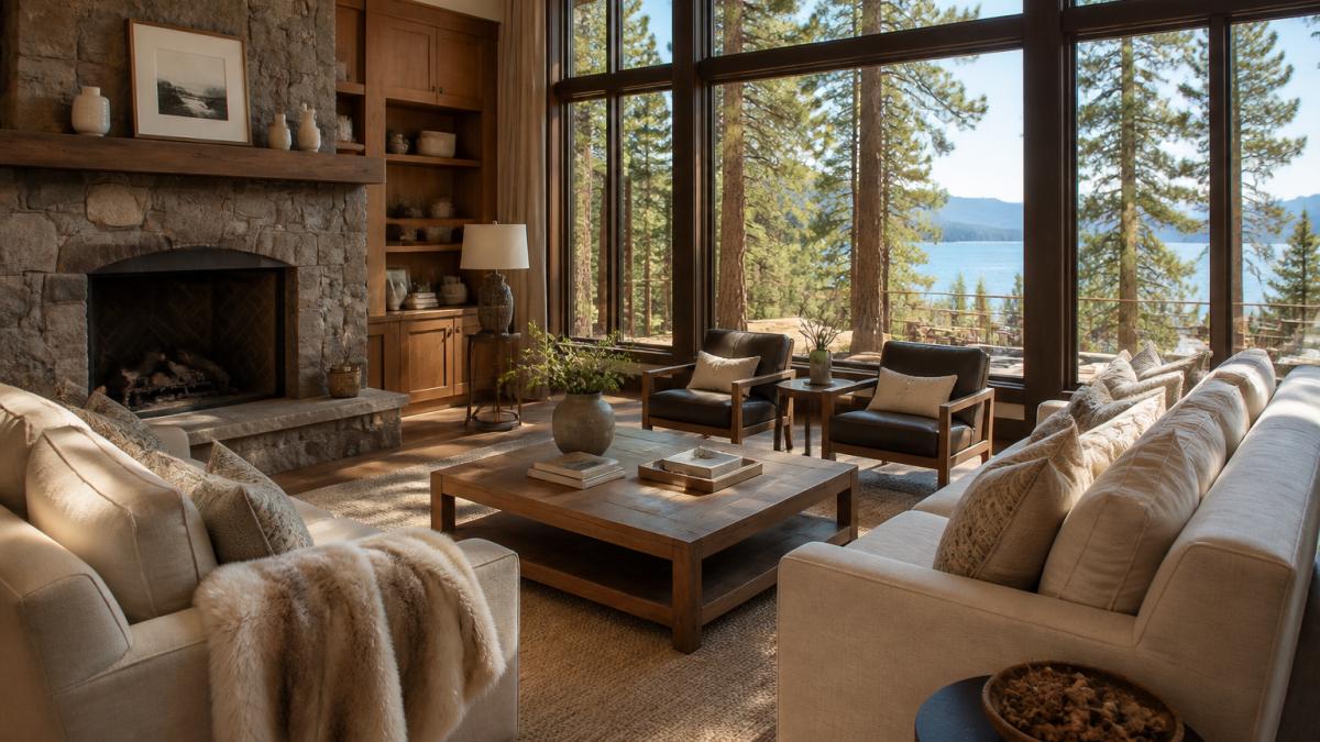 A staged luxury mountain home living room with floor-to-ceiling windows overlooking a pine forest and lake, warm natural light, neutral furnishings, and a stone fireplace