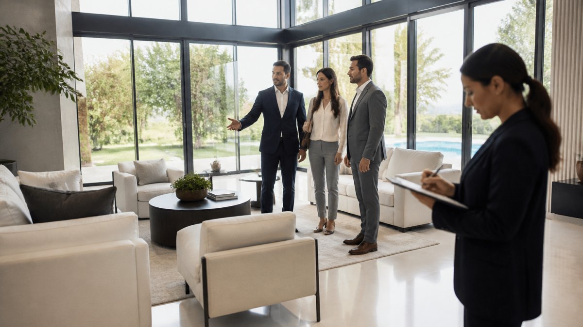 A real estate agent guiding two well-dressed buyers through a bright, high-ceilinged living room with floor-to-ceiling windows and minimalist furnishings, while an assistant takes notes nearby