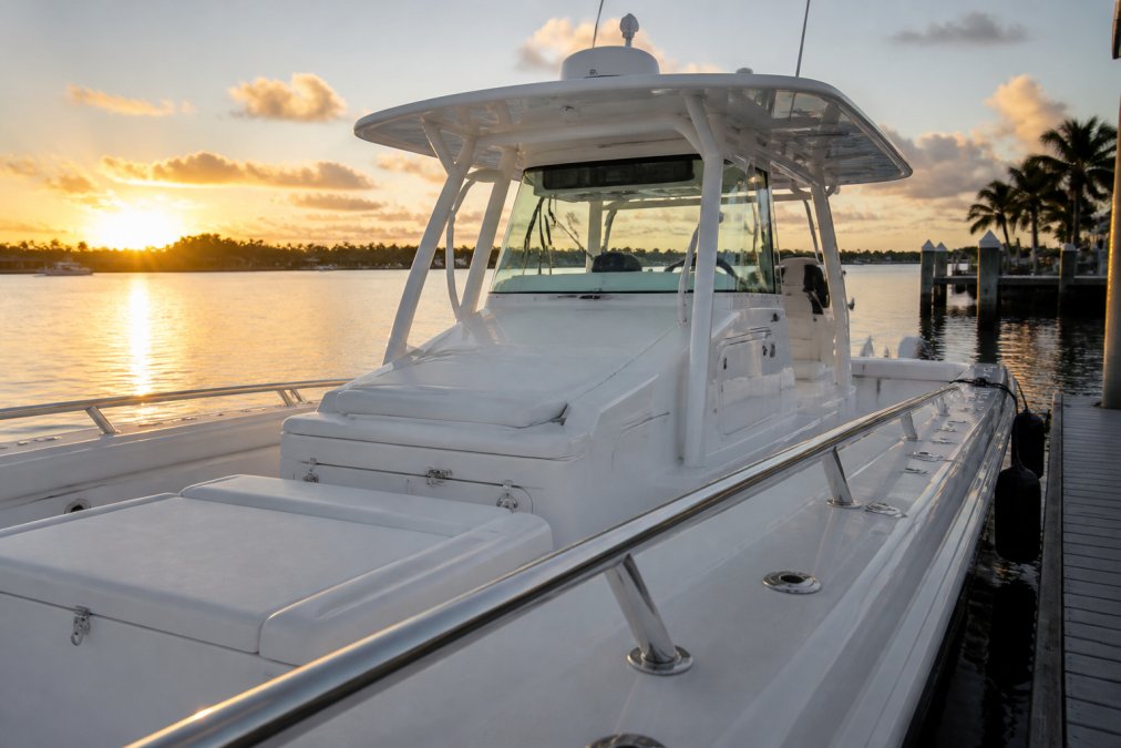Well-maintained center console yacht docked at sunrise with polished stainless steel railings, spotless white deck, and crystal-clear cabin windows, showing professional detailing and staging
