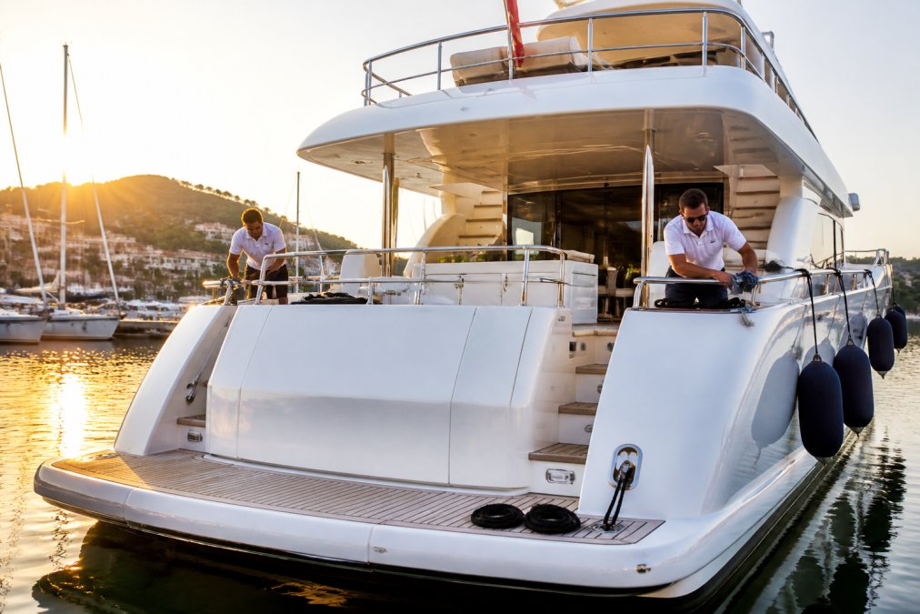 Crew polishing the stainless steel railings of a motor yacht at a Mediterranean marina while selling a yacht