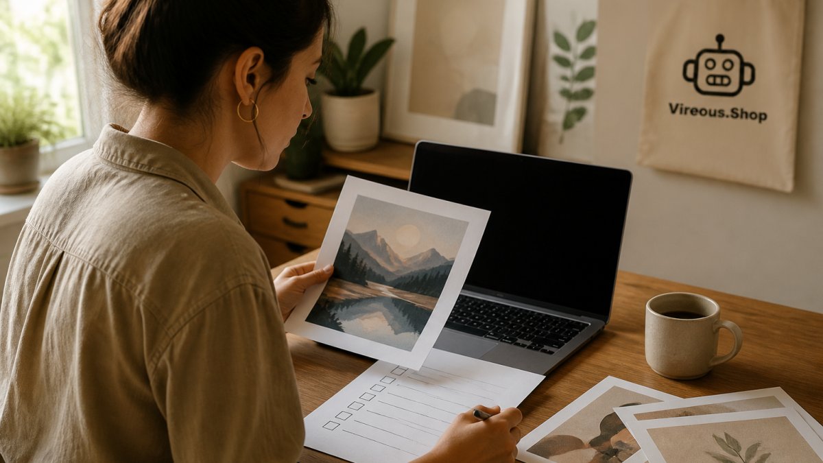 Designer reviewing AI-generated art prints on a laptop with a printed checklist and coffee at a sunny desk