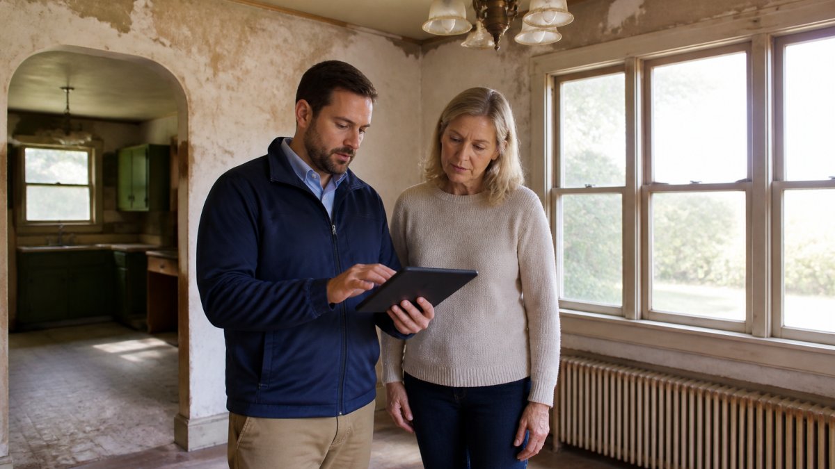 Real estate agent and heir standing in inherited home with visible wear on walls and outdated fixtures, reviewing property details on tablet, natural light from large windows