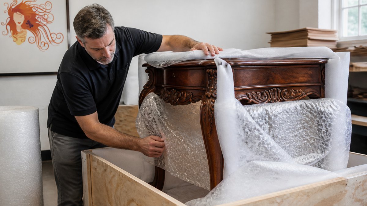 Professional carefully wrapping ornate wooden furniture piece with protective padding and bubble wrap, showing proper crating technique in bright workshop with natural light